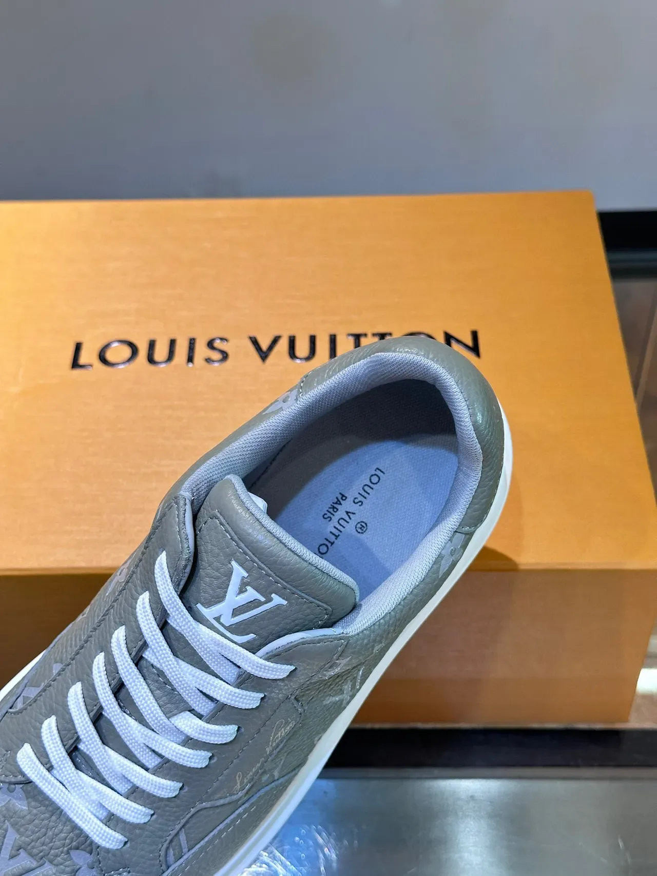 Louis Vuitton Gray White Monogram-Print Leather Low-Top Silhouette Lifestyle Sneakers 7