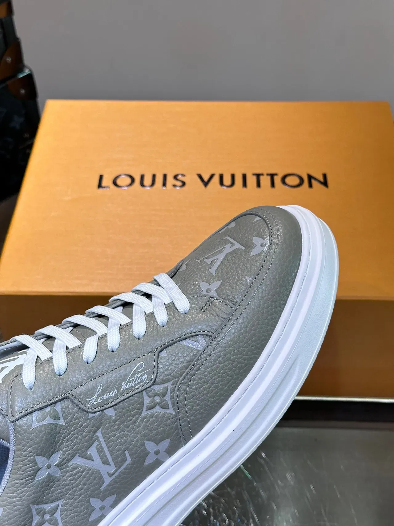 Louis Vuitton Gray White Monogram-Print Leather Low-Top Silhouette Lifestyle Sneakers 8