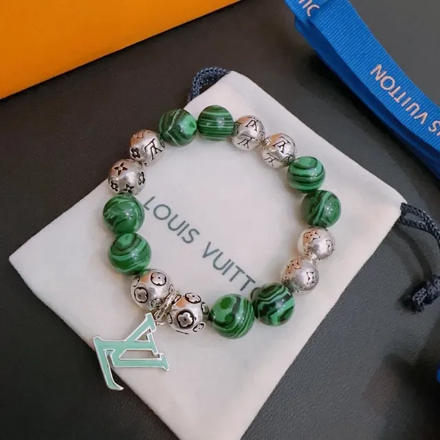 Louis Vuitton Green Silver Beaded Malachite Bracelet 6