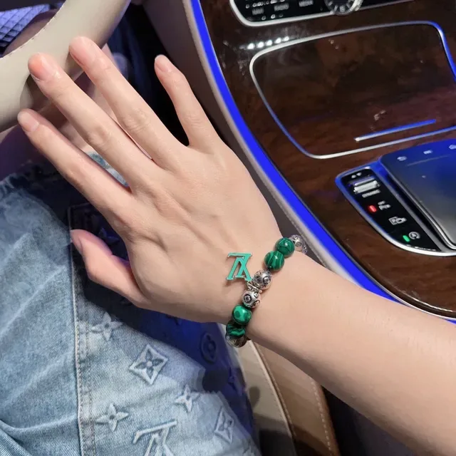 Louis Vuitton Green Silver Beaded Malachite Bracelet 7