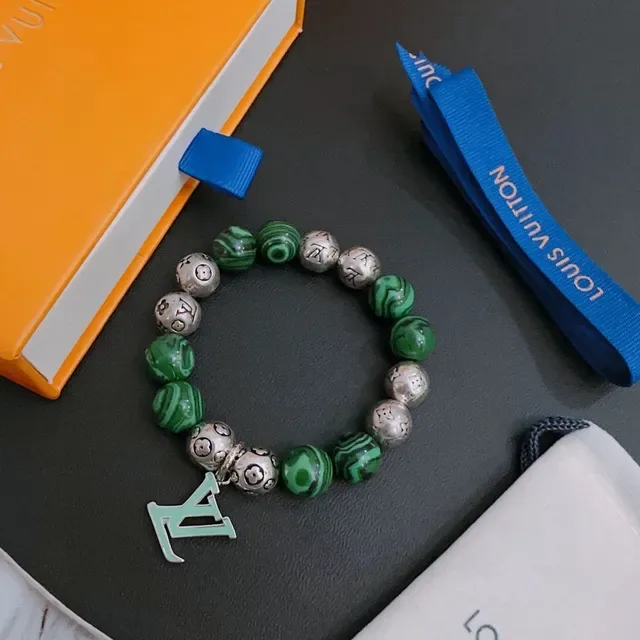 Louis Vuitton Green Silver Beaded Malachite Bracelet 9