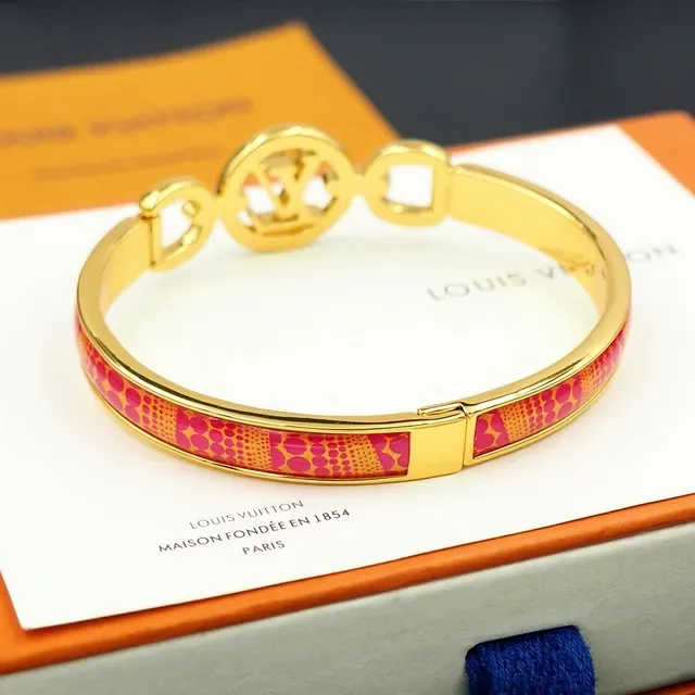 Louis Vuitton Iconic Monogram Bangle Gold Pink Enamel Bracelet 3