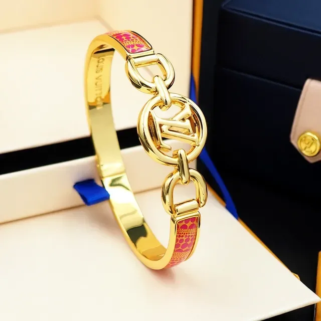 Louis Vuitton Iconic Monogram Bangle Gold Pink Enamel Bracelet 4