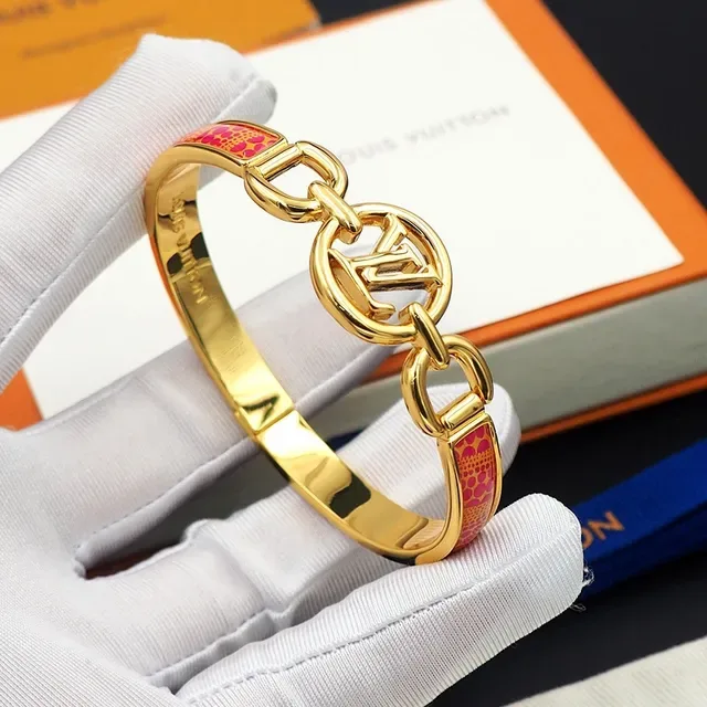 Louis Vuitton Iconic Monogram Bangle Gold Pink Enamel Bracelet 8