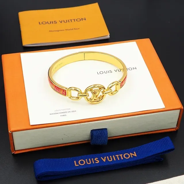 Louis Vuitton Iconic Monogram Bangle Gold Pink Enamel Bracelet 9