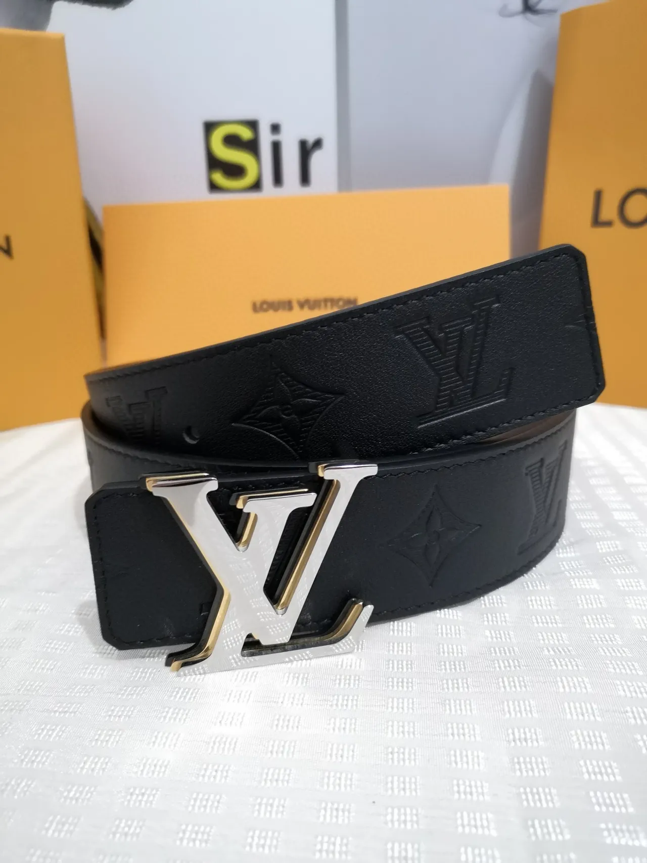 Louis Vuitton Initiales Black Gold Embossed Monogram LV Buckle Leather Belt 3