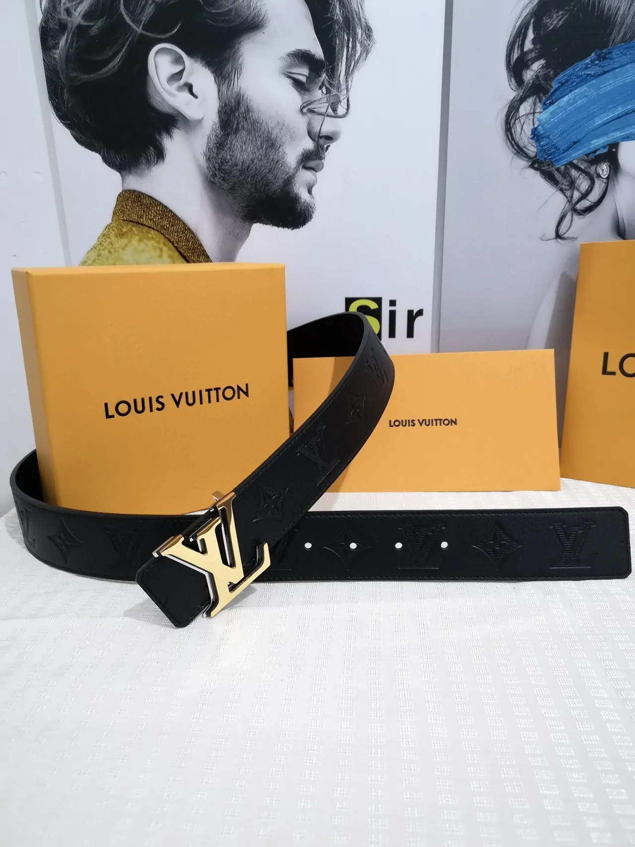 Louis Vuitton Initiales Black Gold Embossed Monogram LV Buckle Leather Belt 4
