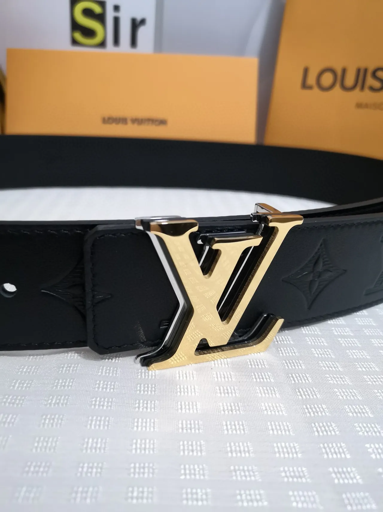 Louis Vuitton Initiales Black Gold Embossed Monogram LV Buckle Leather Belt 5