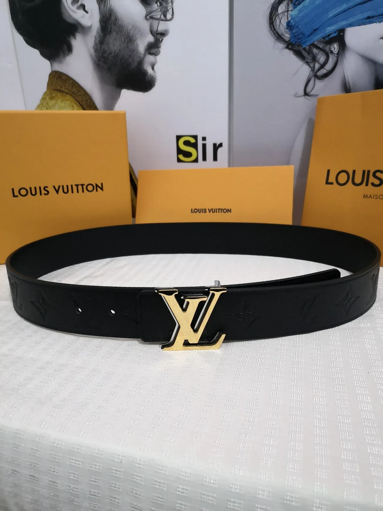 Louis Vuitton Initiales Black Gold Embossed Monogram LV Buckle Leather Belt 6