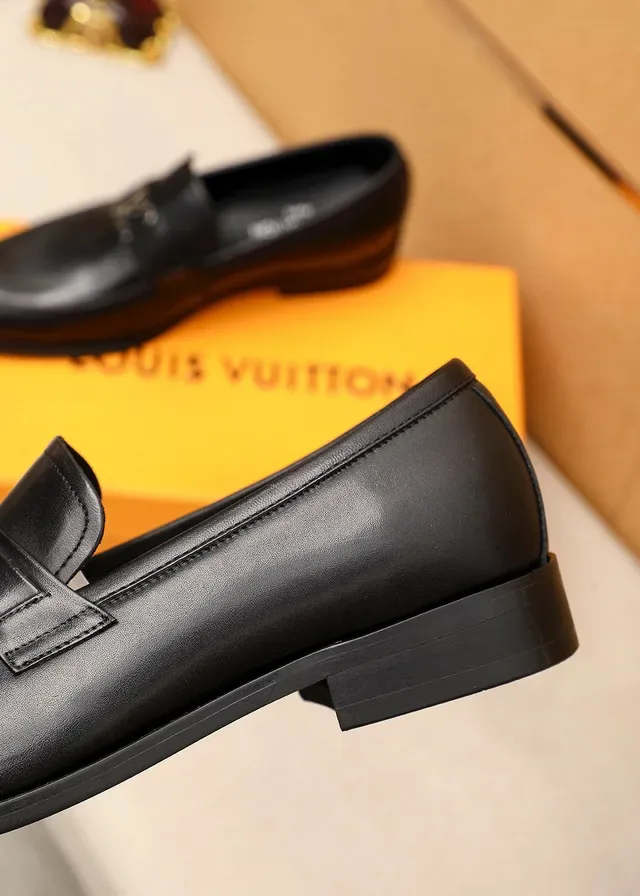 Louis Vuitton Loafer Black Silver Smooth Leather Metal LV Logo Buckle Loafer 7
