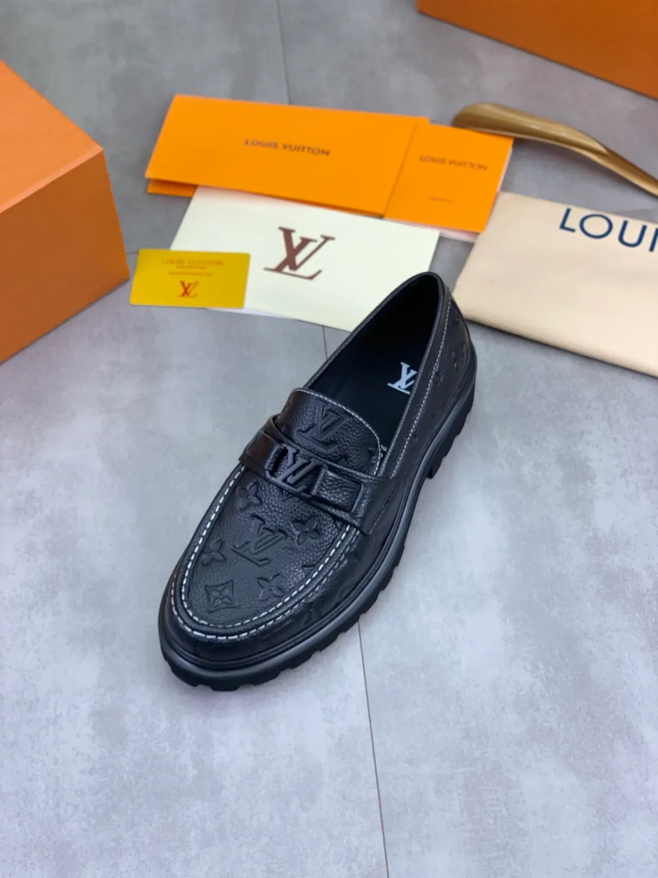 Louis Vuitton Loafer Black White Monogram-Embossed Leather Chunky Lug Sole Loafer 4