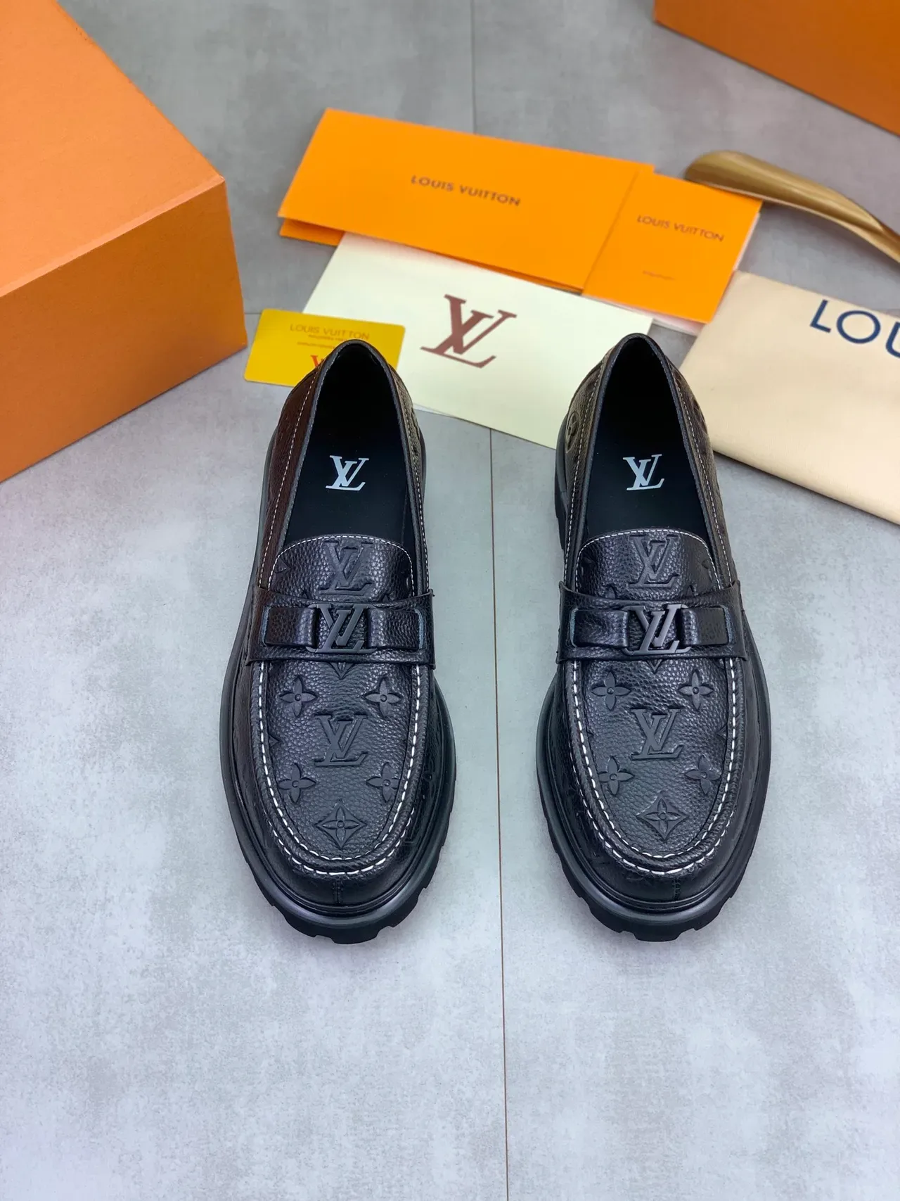 Louis Vuitton Loafer Black White Monogram-Embossed Leather Chunky Lug Sole Loafer 5