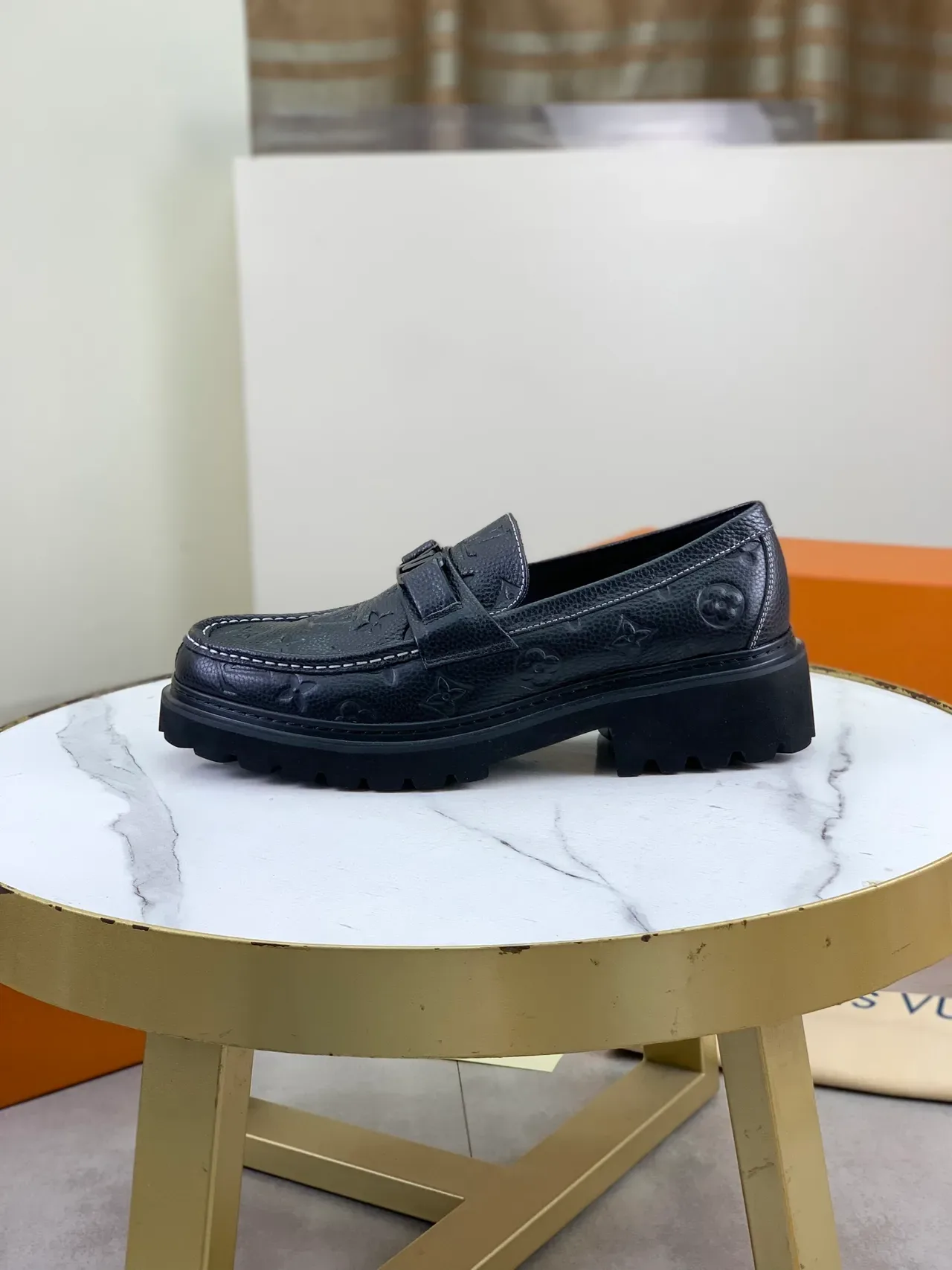 Louis Vuitton Loafer Black White Monogram-Embossed Leather Chunky Lug Sole Loafer 6