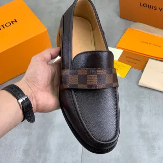 路易威登乐福鞋棕米色粒面皮革Damier Check鞋带乐福鞋