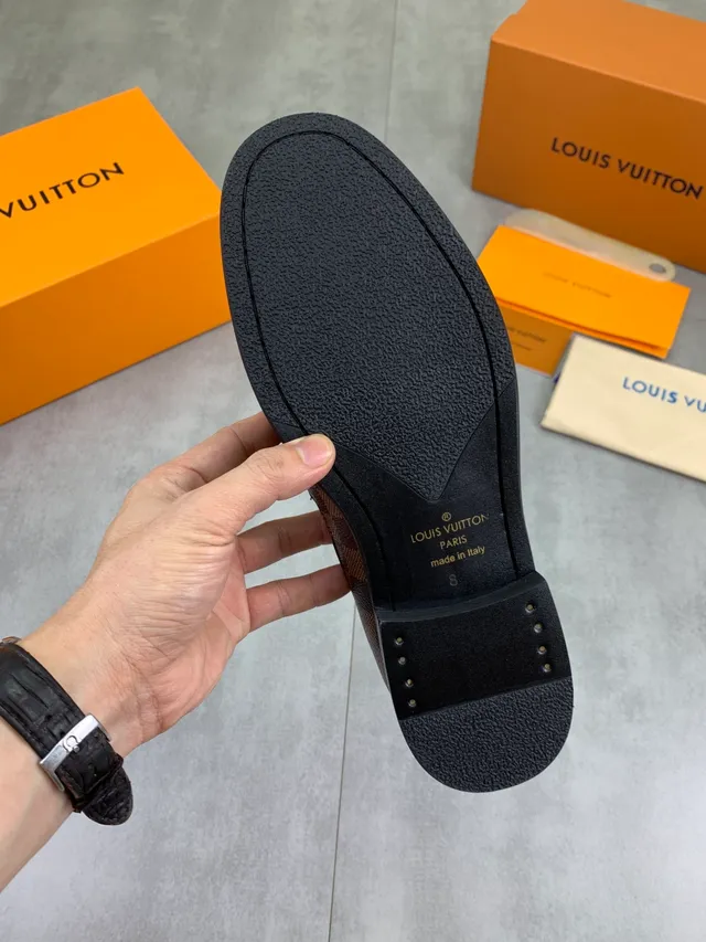 Louis Vuitton Loafer Brown Beige Pebbled Leather Damier Check Strap Loafer 2