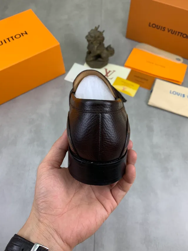 Louis Vuitton Loafer Brown Beige Pebbled Leather Damier Check Strap Loafer 3
