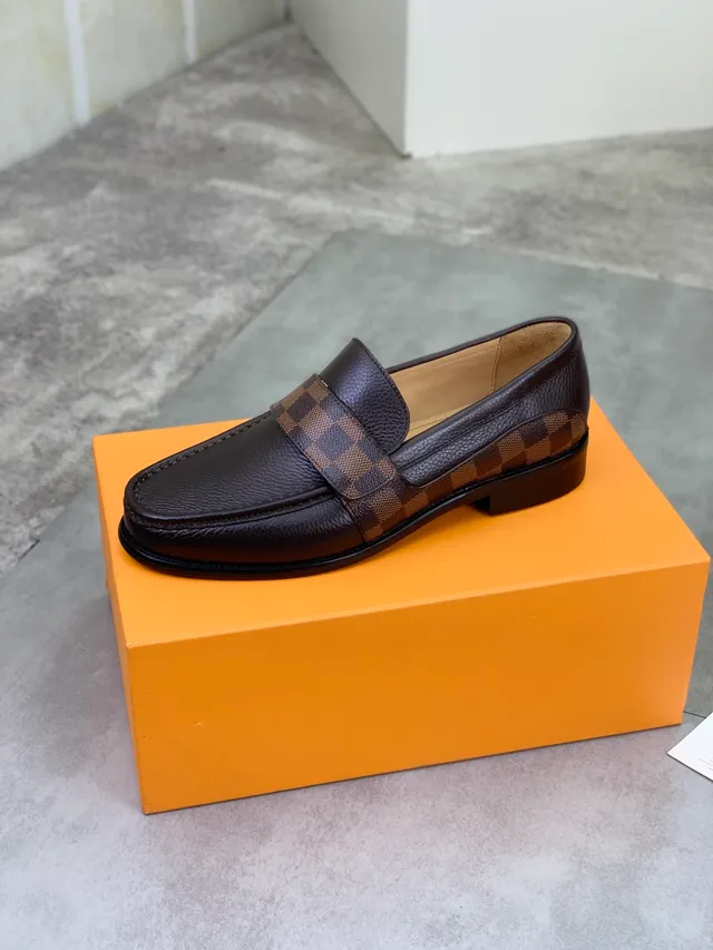 Louis Vuitton Loafer Brown Beige Pebbled Leather Damier Check Strap Loafer 4