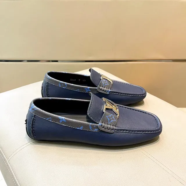 Louis Vuitton Loafer Navy Leather Monogram Strap Gold Buckle Loafers 4