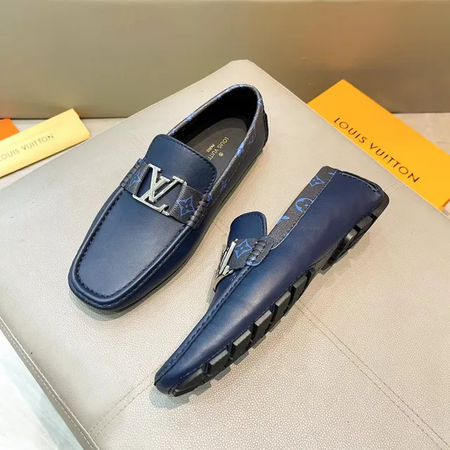 Louis Vuitton Loafer Navy Leather Monogram Strap Gold Buckle Loafers 5