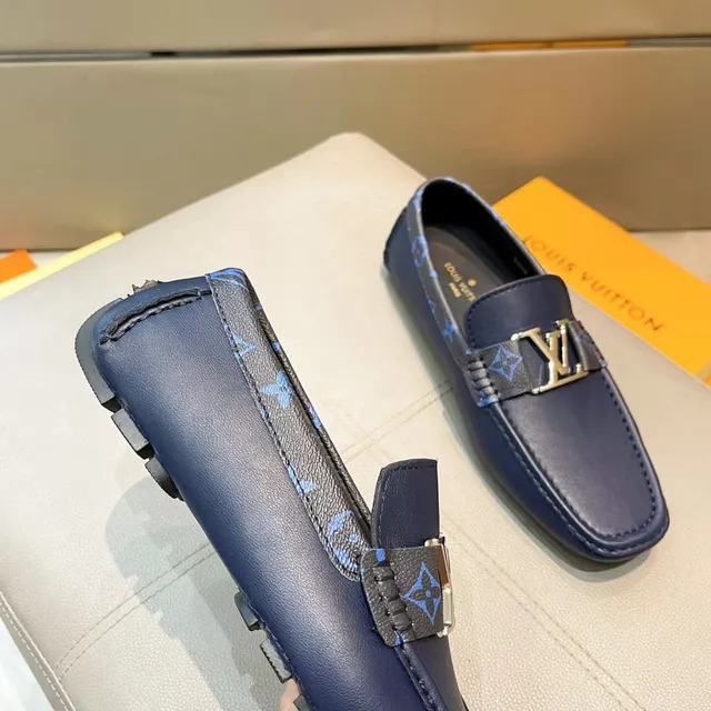 Louis Vuitton Loafer Navy Leather Monogram Strap Gold Buckle Loafers 7