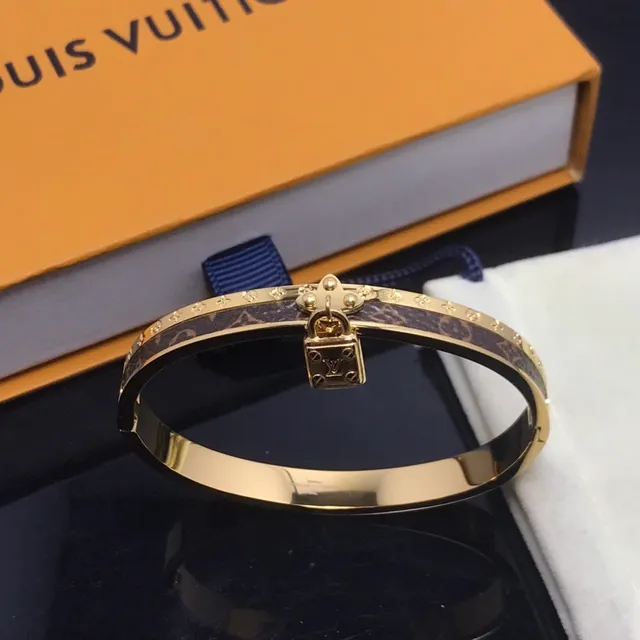 Louis Vuitton Lockit Monogram Engraved Gold-Tone Leather Inlay Bracelet 4