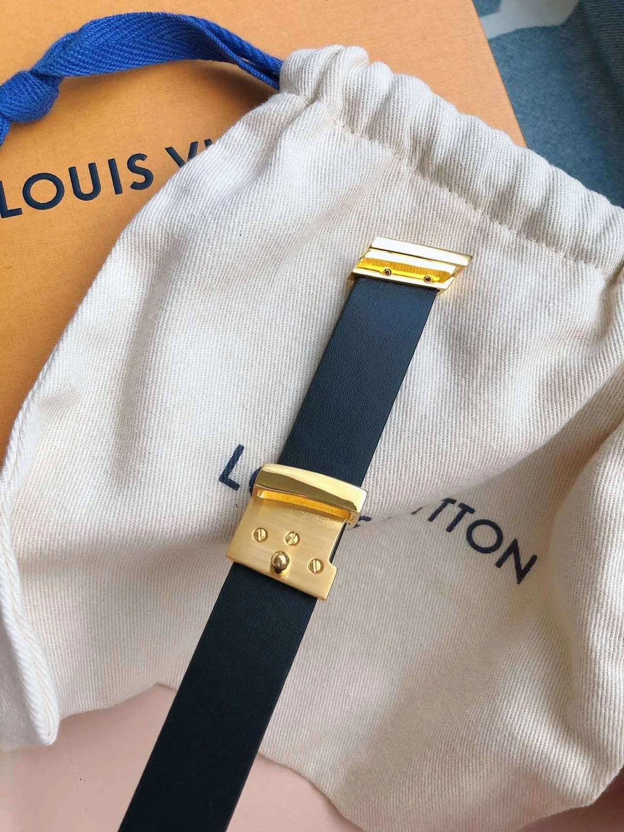 Louis Vuitton LV faixa trançada preta fivela tom dourado cinto de couro 3