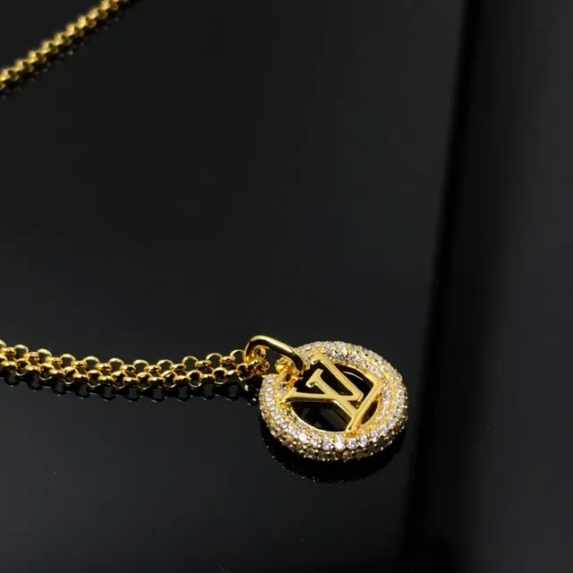 Louis Vuitton LV Circle Pendant Gold Silver Circular Pavé-Set Interlocking Monogram Necklace 4