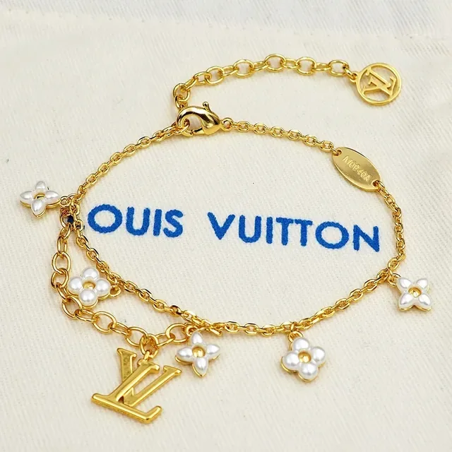 Bracelet Louis Vuitton LV Charme Fleur Chaîne Or Blanc Perles Charms 5
