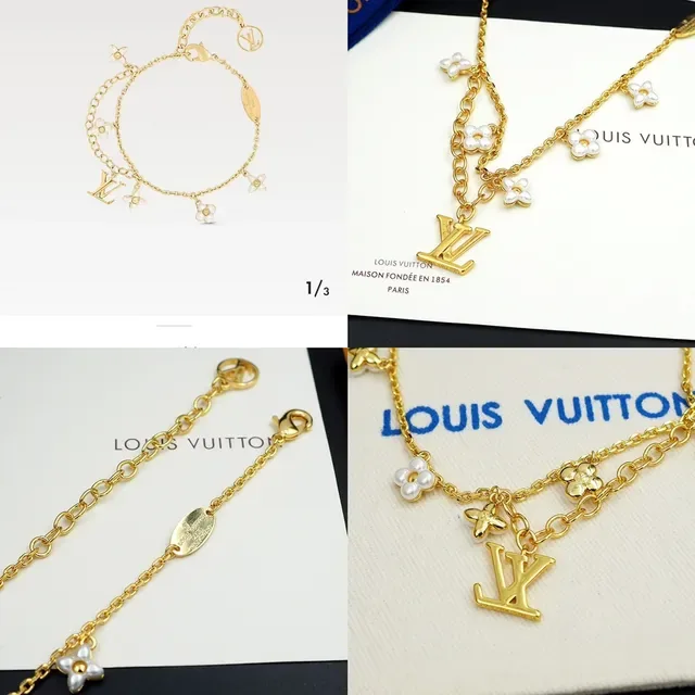Bracelet Louis Vuitton LV Charme Fleur Chaîne Or Blanc Perles Charms 8