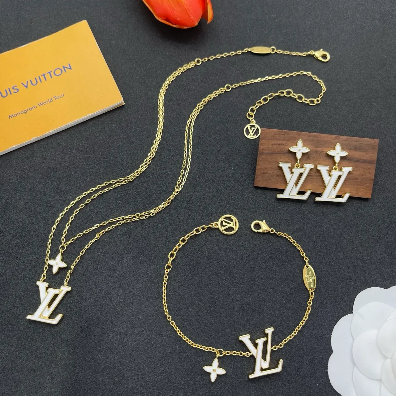 Louis Vuitton LV Flower Enamel Gold-Tone Dangling Earrings 2