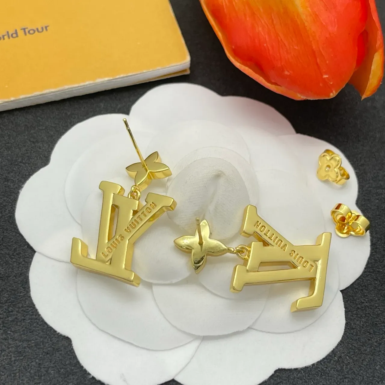 Louis Vuitton LV Flower Enamel Gold-Tone Dangling Earrings 3
