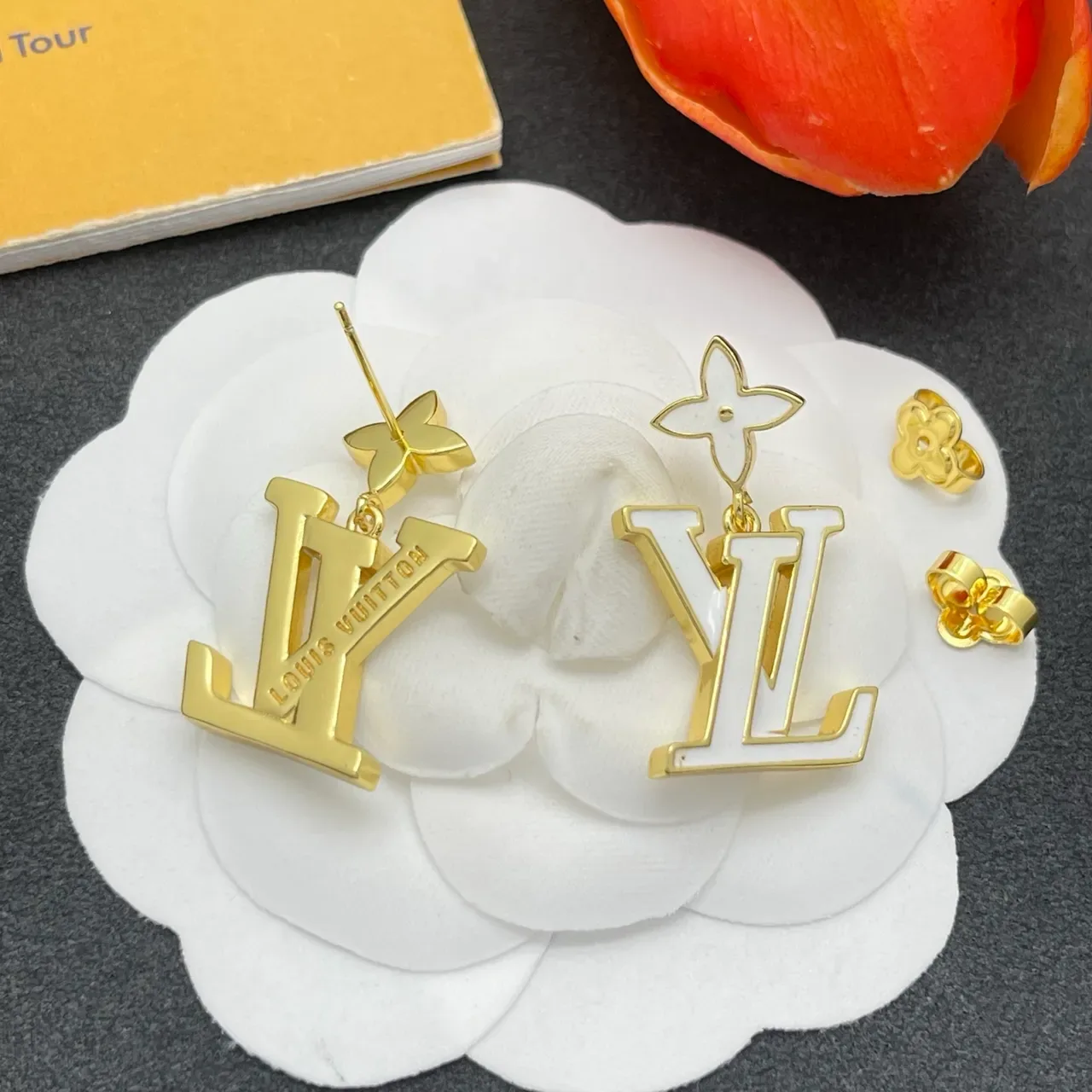 Louis Vuitton LV Flower Enamel Gold-Tone Dangling Earrings 4