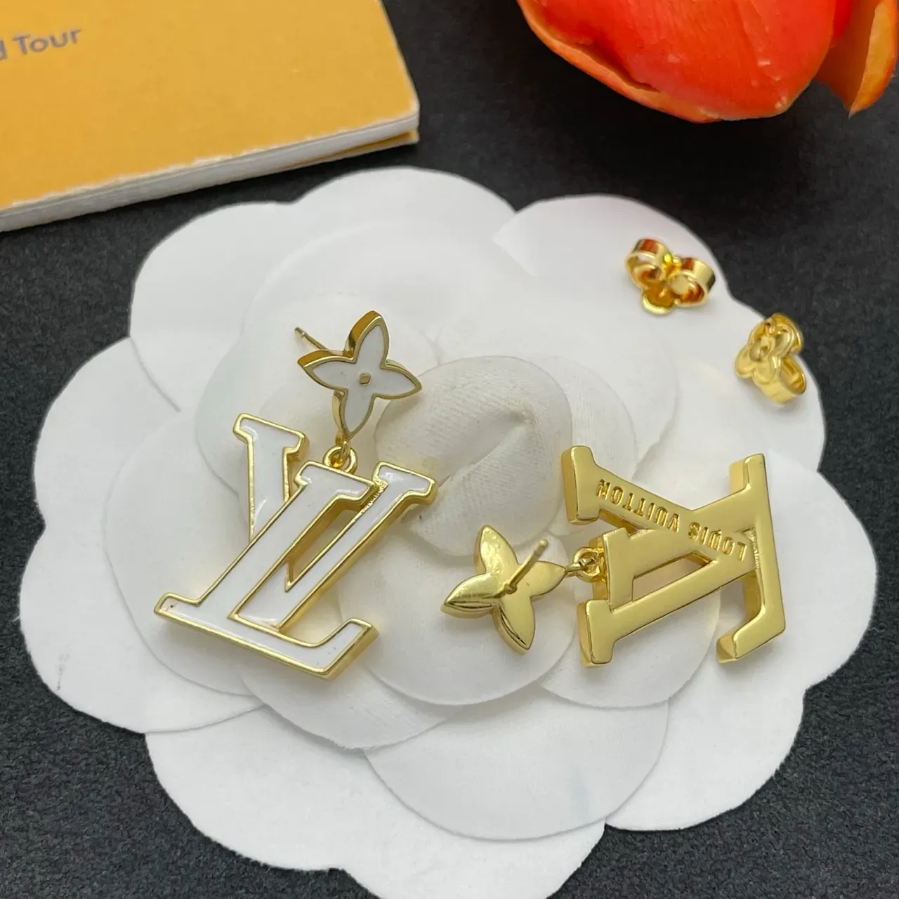 Louis Vuitton LV Flower Enamel Gold-Tone Dangling Earrings 5