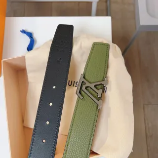 Louis Vuitton LV Initiales Black Army Green Pebbled Interlocking Buckle Leather Belt
