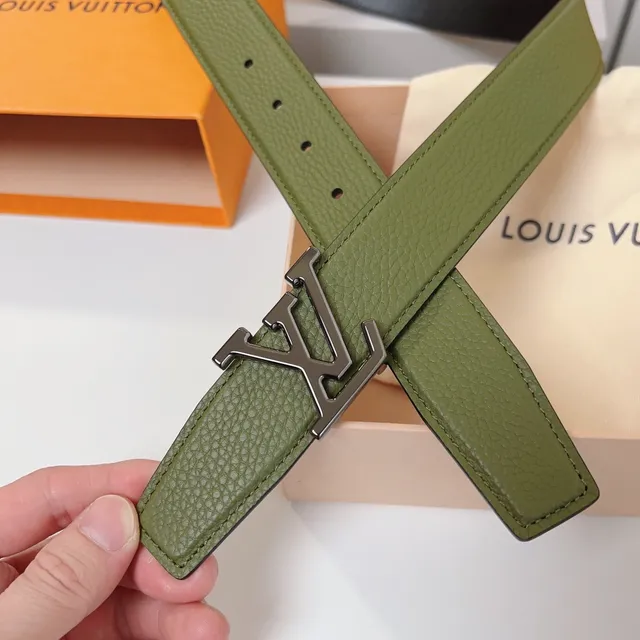 Louis Vuitton LV Initiales Black Army Green Pebbled Interlocking Buckle Leather Belt 2