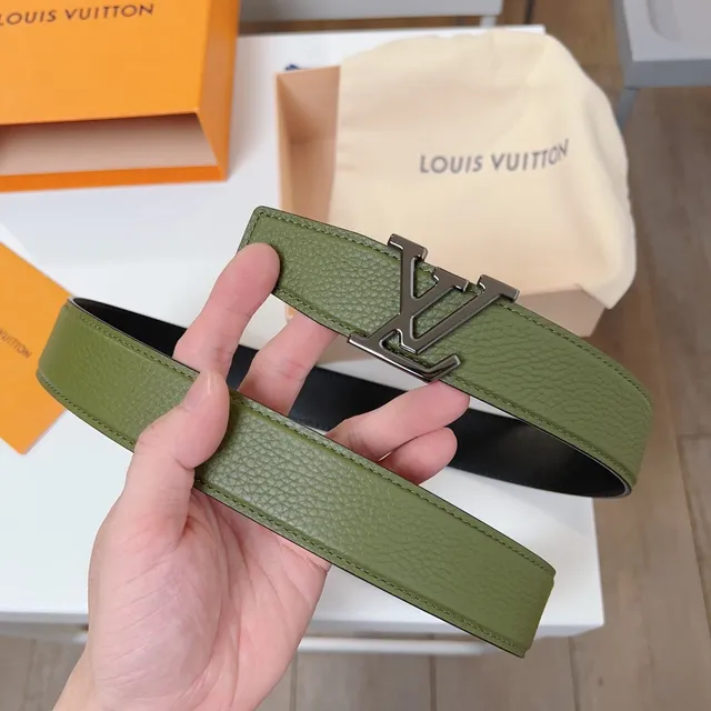 Louis Vuitton LV Initiales Black Army Green Pebbled Interlocking Buckle Leather Belt 4