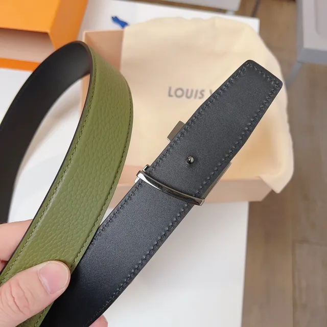 Louis Vuitton LV Initiales Black Army Green Pebbled Interlocking Buckle Leather Belt 5