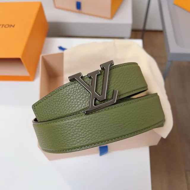 Louis Vuitton LV Initiales Black Army Green Pebbled Interlocking Buckle Leather Belt 6