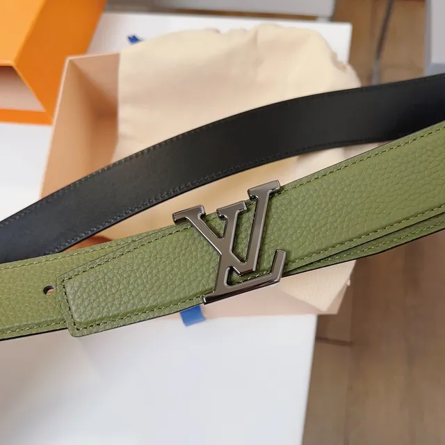 Louis Vuitton LV Initiales Black Army Green Pebbled Interlocking Buckle Leather Belt 7