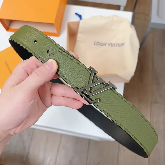 Louis Vuitton LV Initiales Black Army Green Pebbled Interlocking Buckle Leather Belt 8