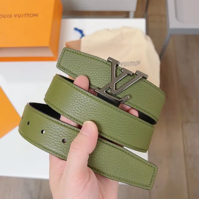 Louis Vuitton LV Initiales Black Army Green Pebbled Interlocking Buckle Leather Belt 9