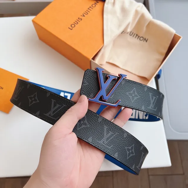 Louis Vuitton LV Initiales Monogram Eclipse and Blue Leather Belt 7
