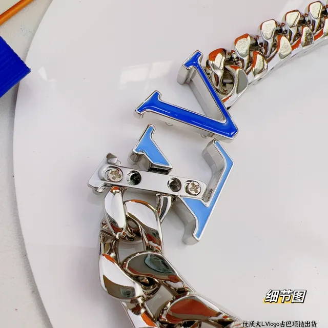 Louis Vuitton LV Logo Chain Silver and Blue Necklace 4