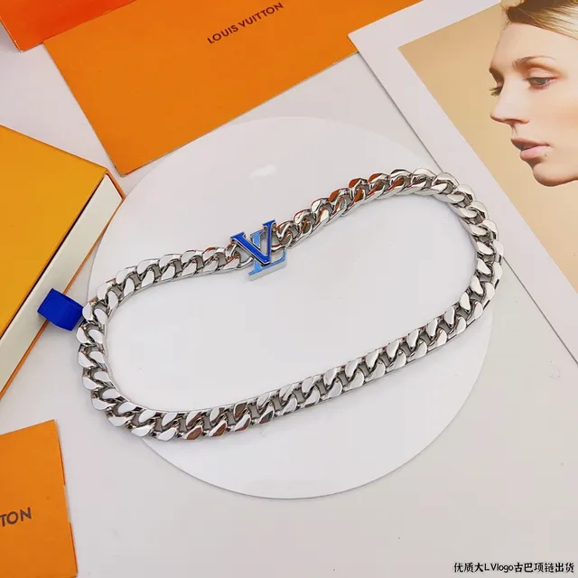 Louis Vuitton LV Logo Chain Silver and Blue Necklace 5