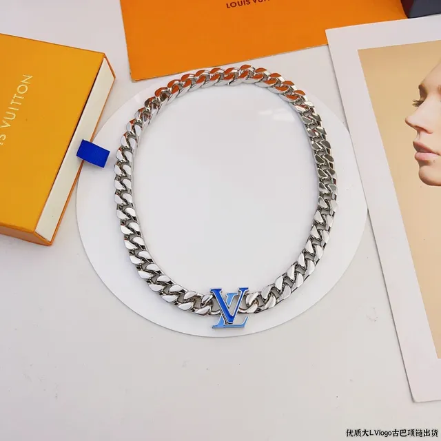 Louis Vuitton LV Logo Chain Silver and Blue Necklace 9