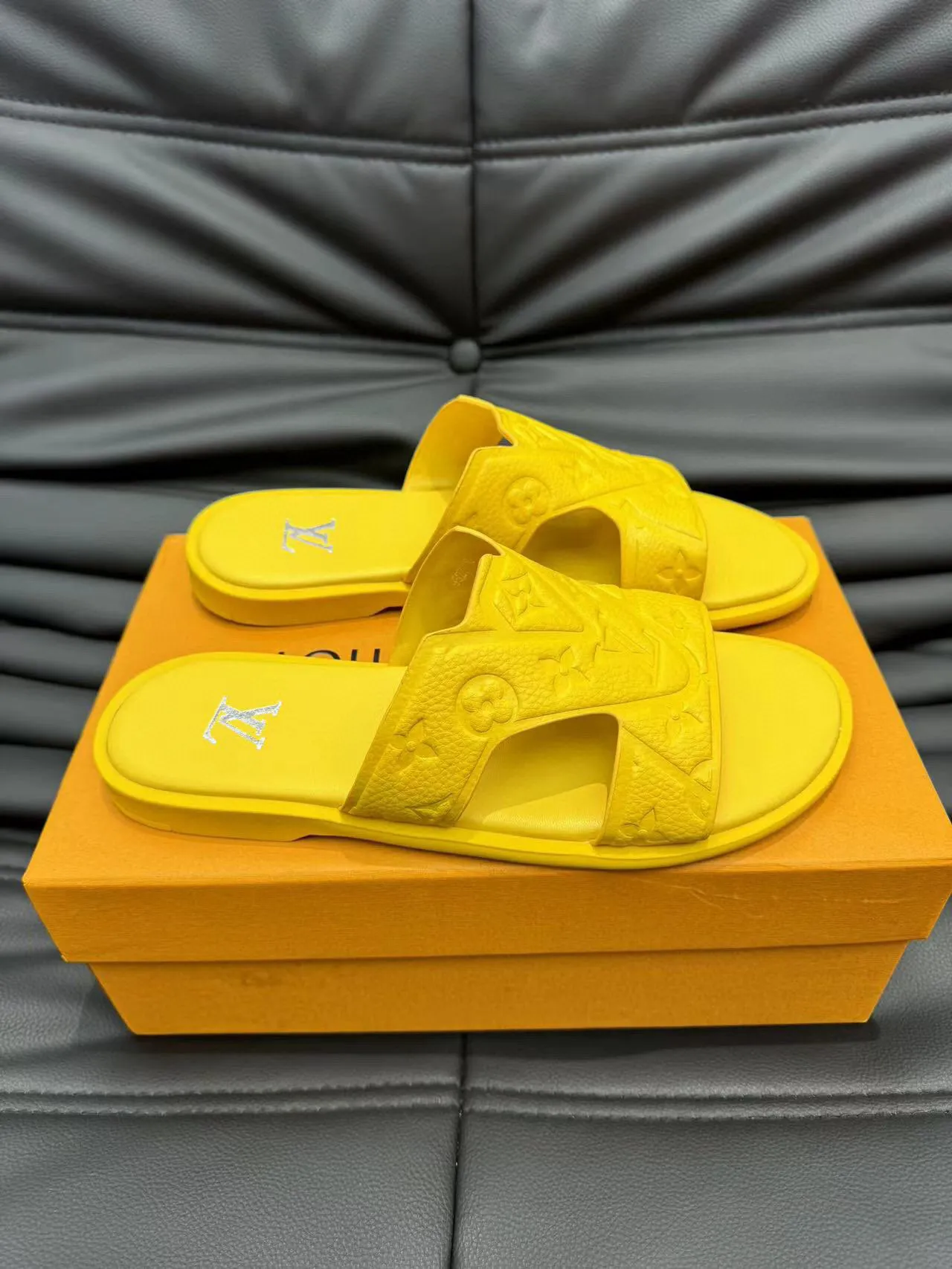 Louis Vuitton LV Slide Yellow Monogram Embossed Rubber Slippers 4