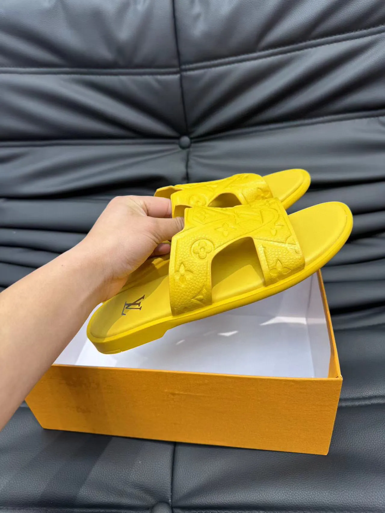 Louis Vuitton LV Slide Yellow Monogram Embossed Rubber Slippers 6