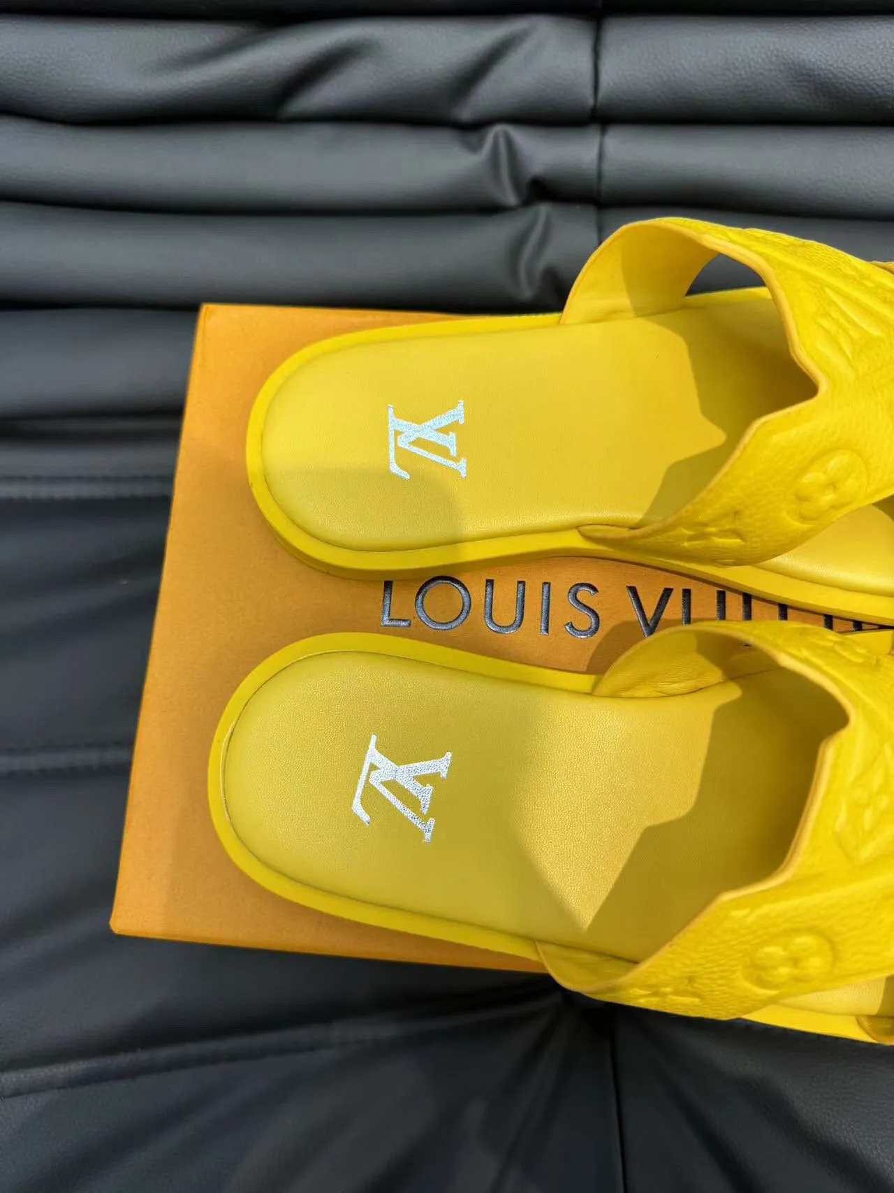 Louis Vuitton LV Slide Yellow Monogram Embossed Rubber Slippers 8