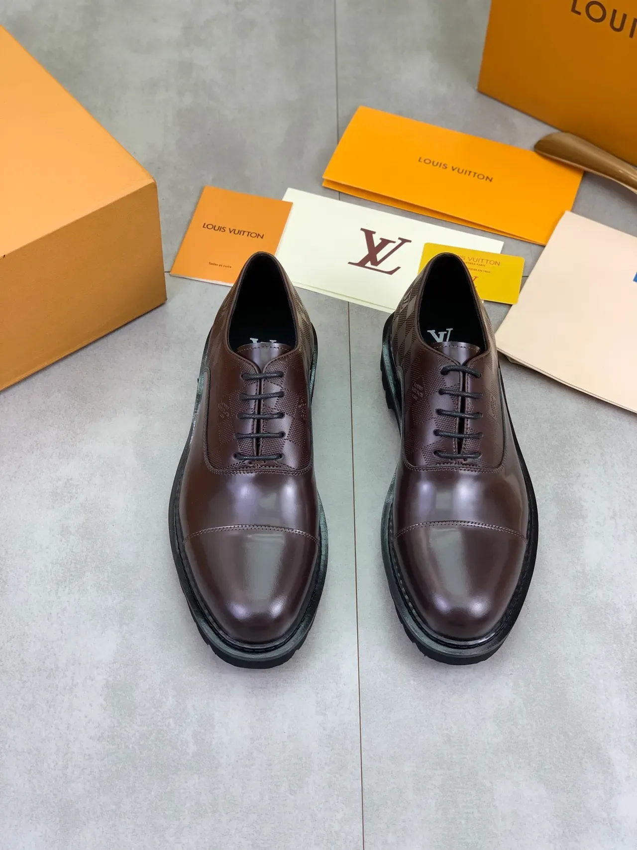 Louis Vuitton LV Trail Marrom Preto Cap-Toe Damier Graphite Painéis de Lona Sapatos Oxford 5