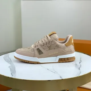 Louis Vuitton LV Trainer Beige White Monogram Canvas Upper Geometric Side Panel Lifestyle Sneakers